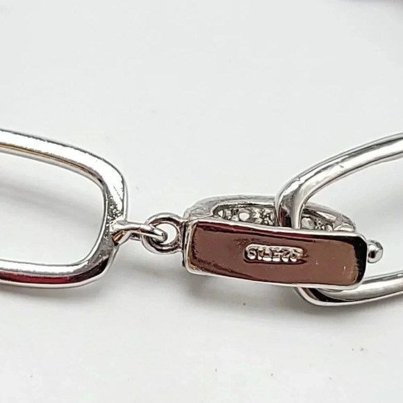 Sterling Silver .925 FAS Pave CZ Rectangle Link Necklace with CZ Heart Charm - Picture 7 of 8